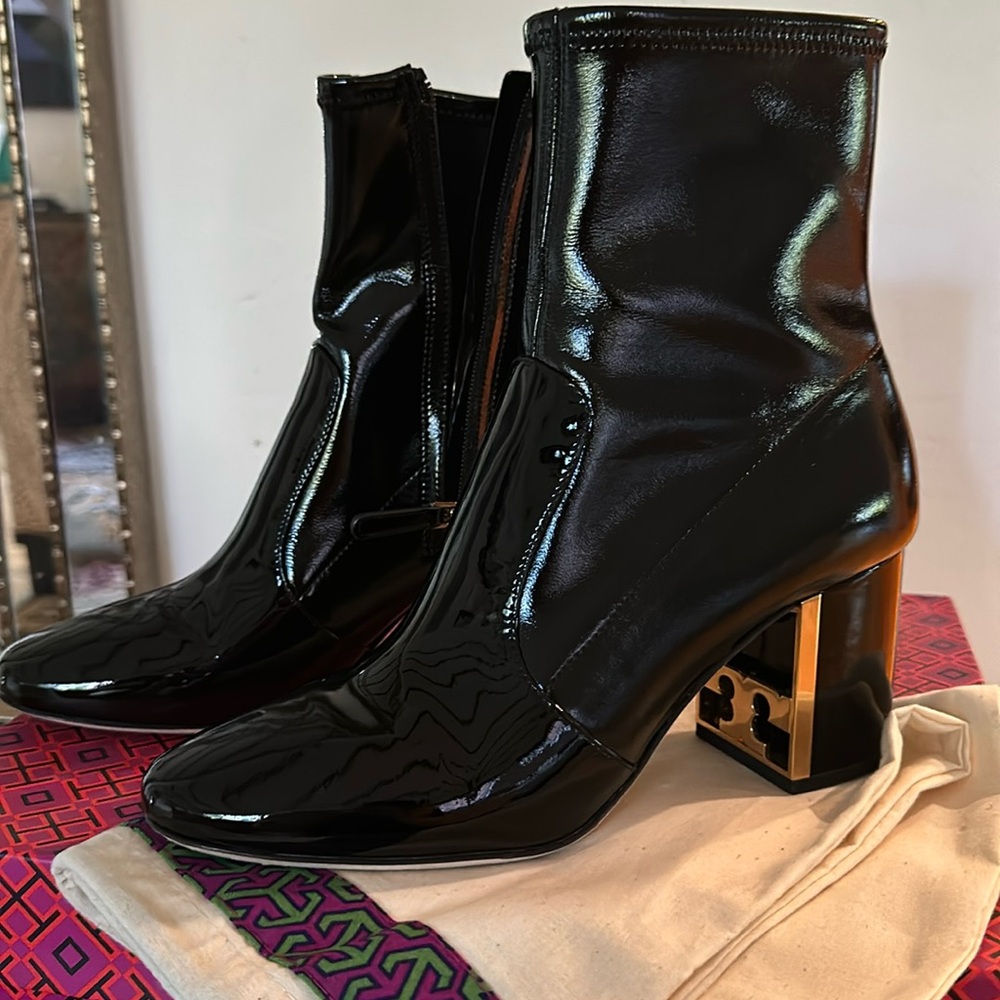 Tory Burch. Black leather patent boots. 39.5 used one time only.